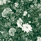Vintage botanical design featuring white peonies and lush foliage on a dark green floral pattern.