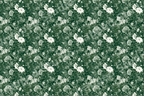 Vintage botanical floral pattern featuring white blossoms on a dark forest green background.