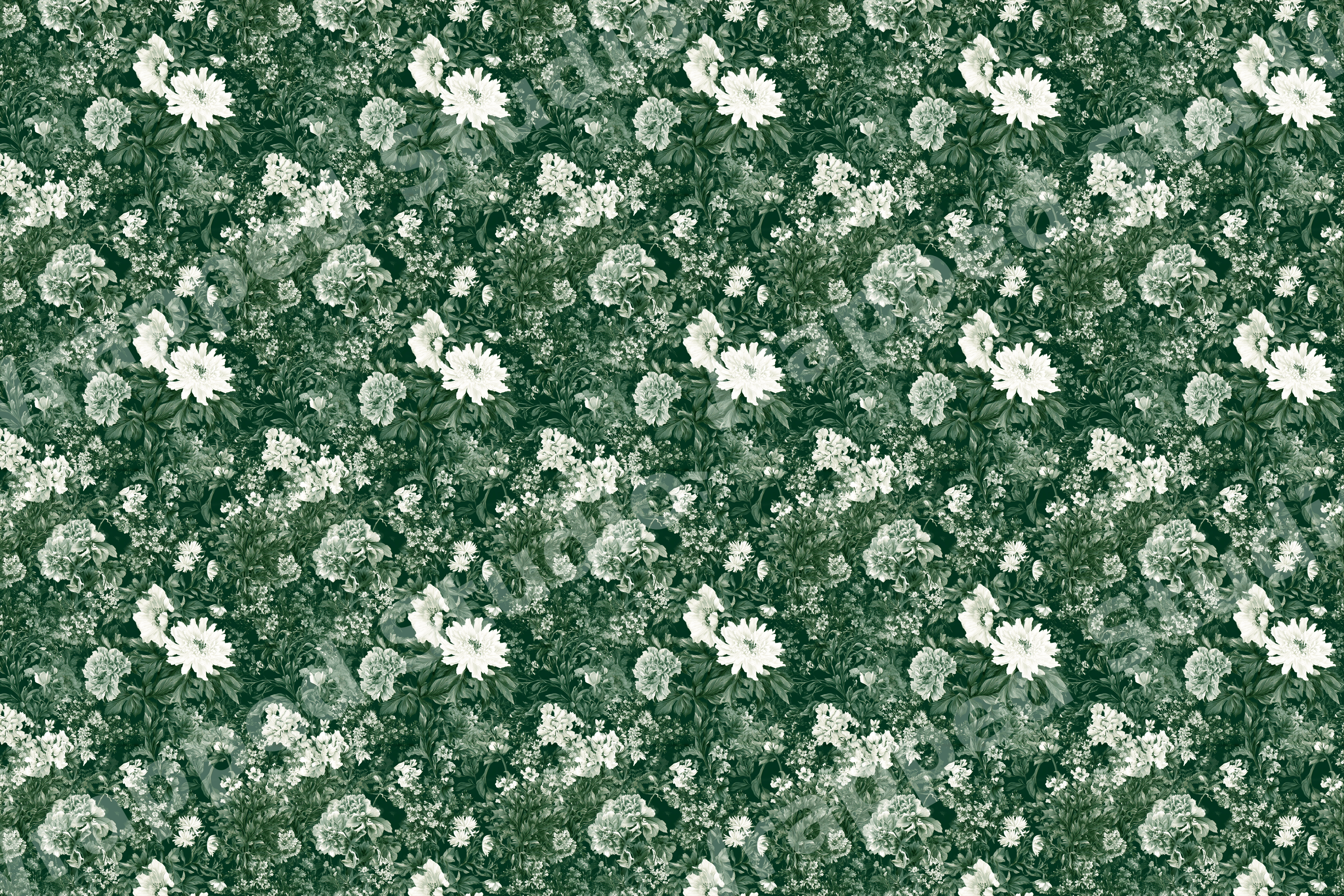 Vintage botanical floral pattern featuring white blossoms on a dark forest green background.