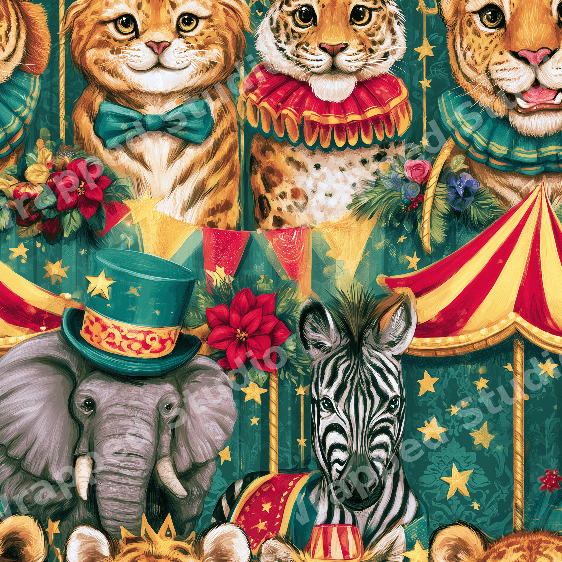Vintage circus animal pattern with illustrated tigers, elephants, and zebras on a starry teal background.