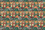 Whimsical vintage circus pattern with illustrated tigers, elephants, and zebras on a teal starry background.