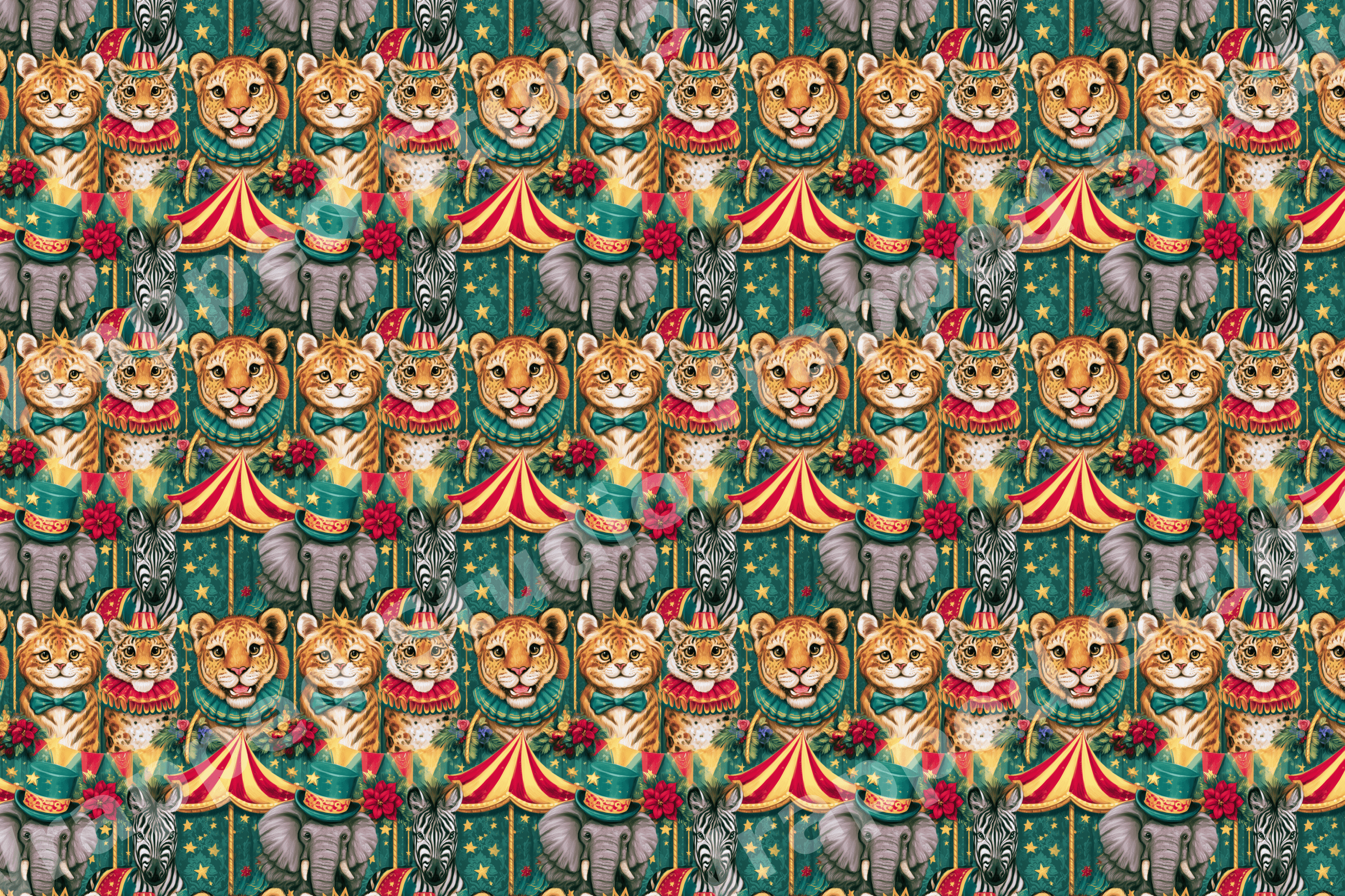 Whimsical vintage circus pattern with illustrated tigers, elephants, and zebras on a teal starry background.