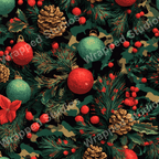 Festive botanical pattern with pine boughs, berries, ornaments, and pinecones on a dark green camo background.