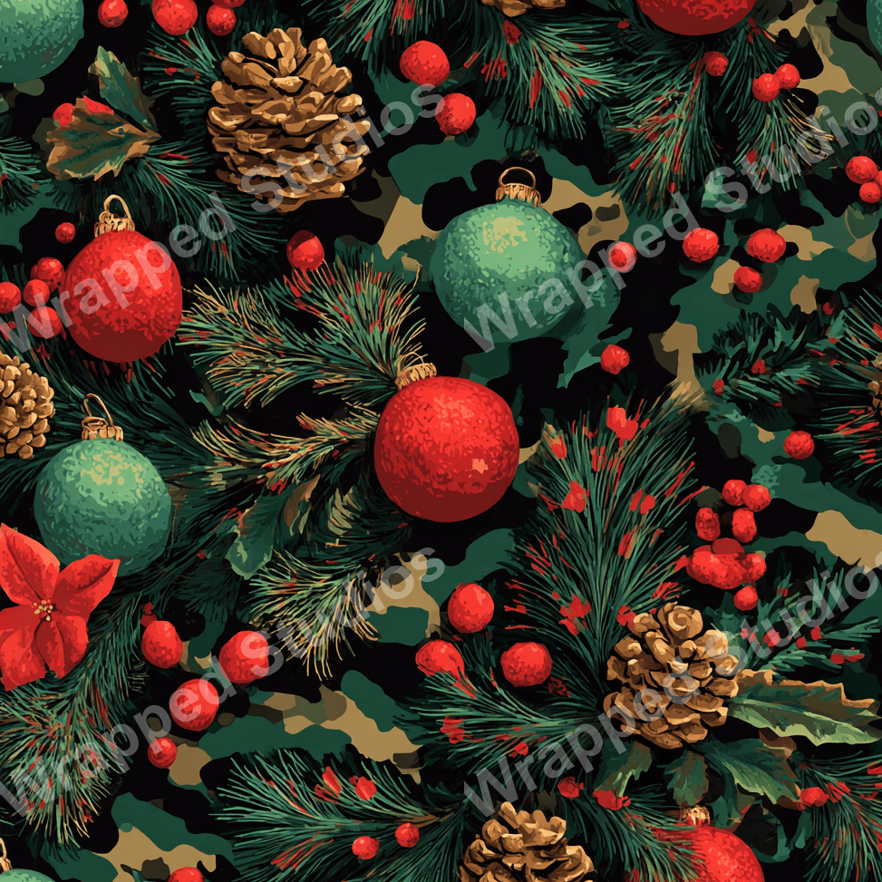 Festive botanical pattern with pine boughs, berries, ornaments, and pinecones on a dark green camo background.