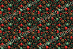 Classic holiday pattern with pine boughs, berries, ornaments, and pinecones in red, green, and gold.
