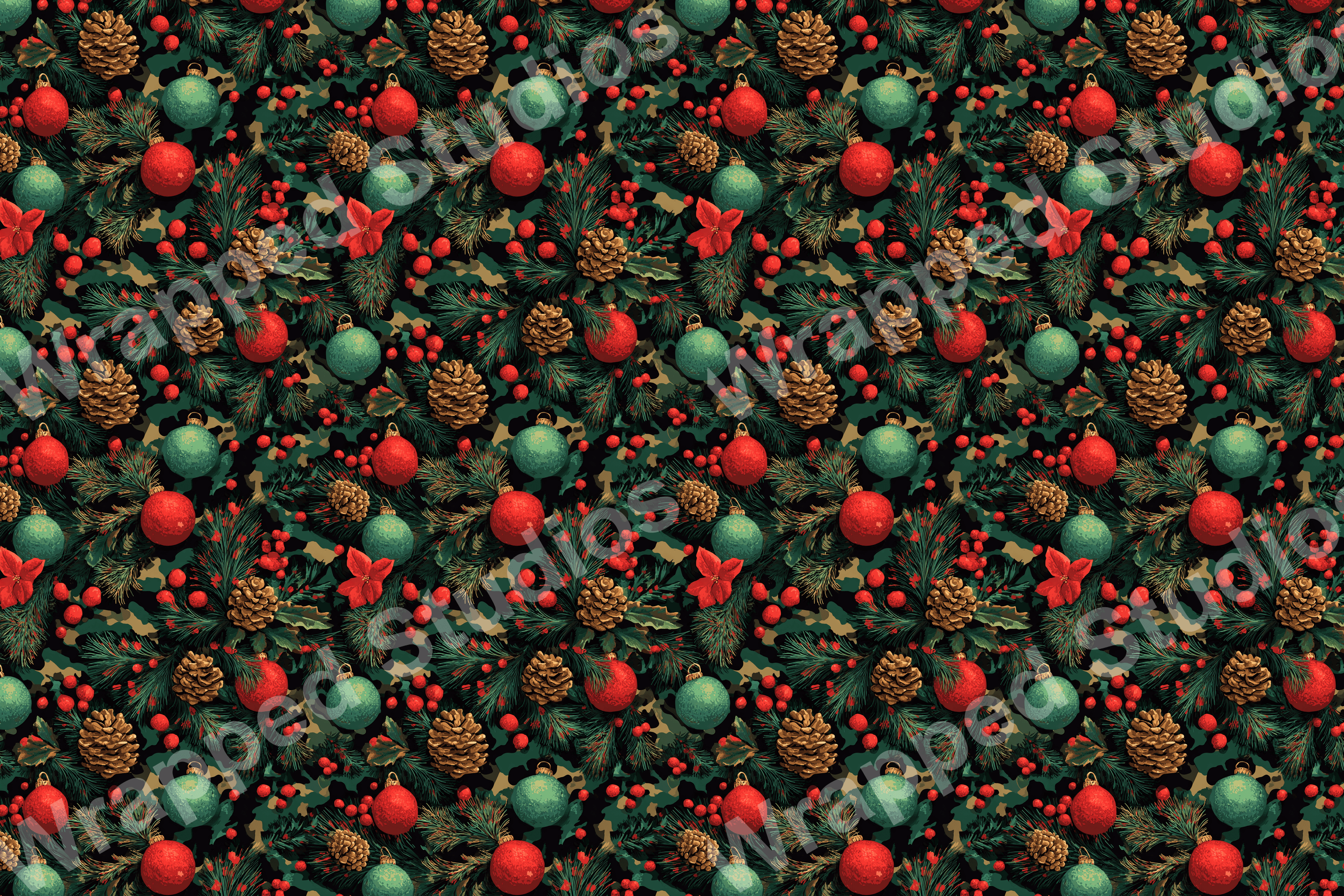 Classic holiday pattern with pine boughs, berries, ornaments, and pinecones in red, green, and gold.