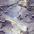 Winter berry pattern with purple fruit, icy branches, and abstract cloud-like background.