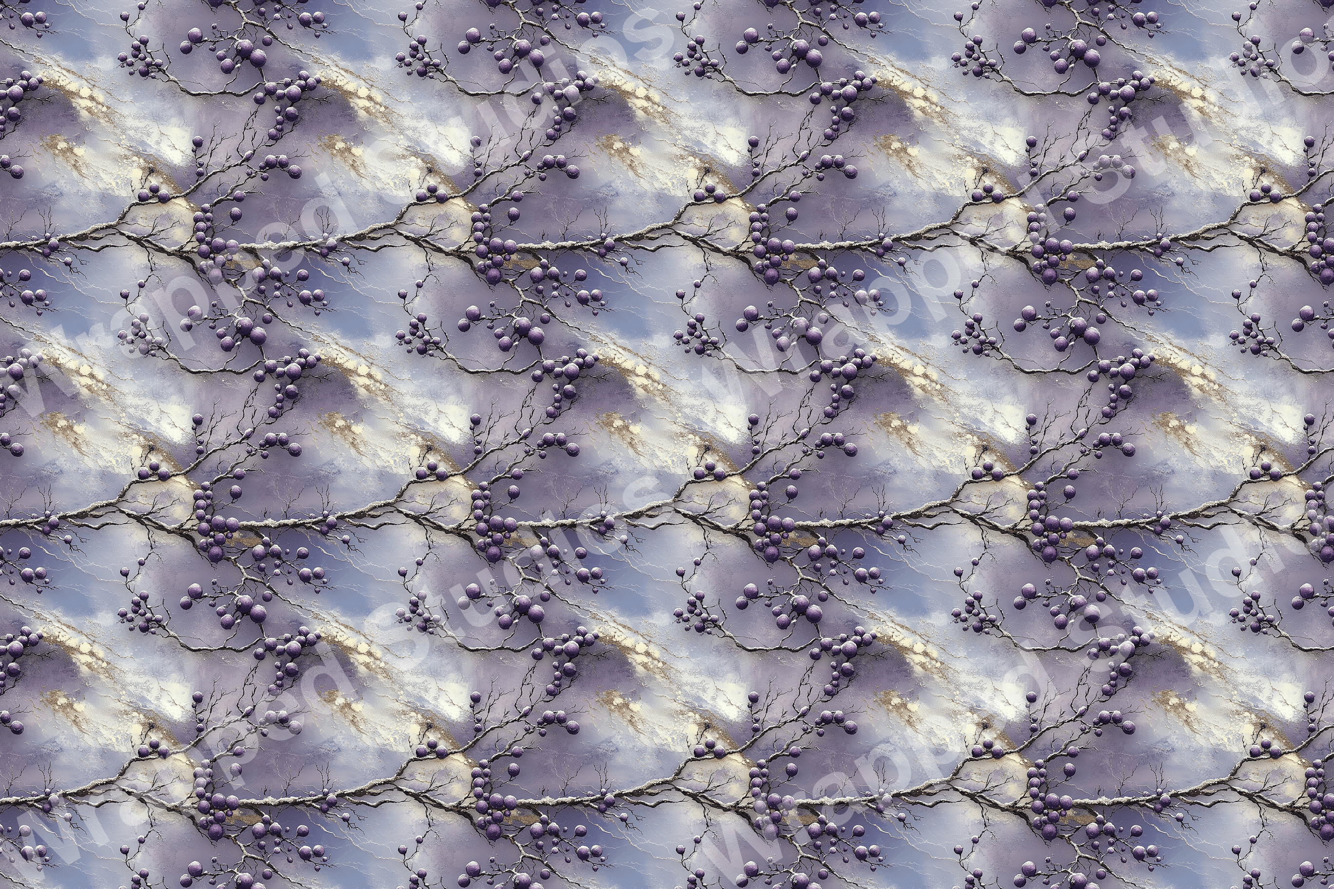 Seamless botanical pattern with purple berries and abstract marbled texture.