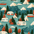 Retro camping seamless pattern featuring vintage trailers, tents, mountains, and pine trees on teal background.