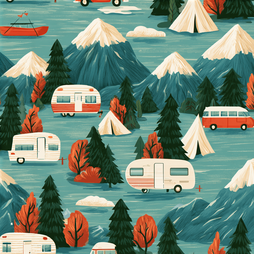 Retro camping seamless pattern featuring vintage trailers, tents, mountains, and pine trees on teal background.