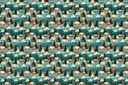 Retro camping pattern featuring vintage trailers, tents, and pine trees in a mountain landscape of teal and orange.