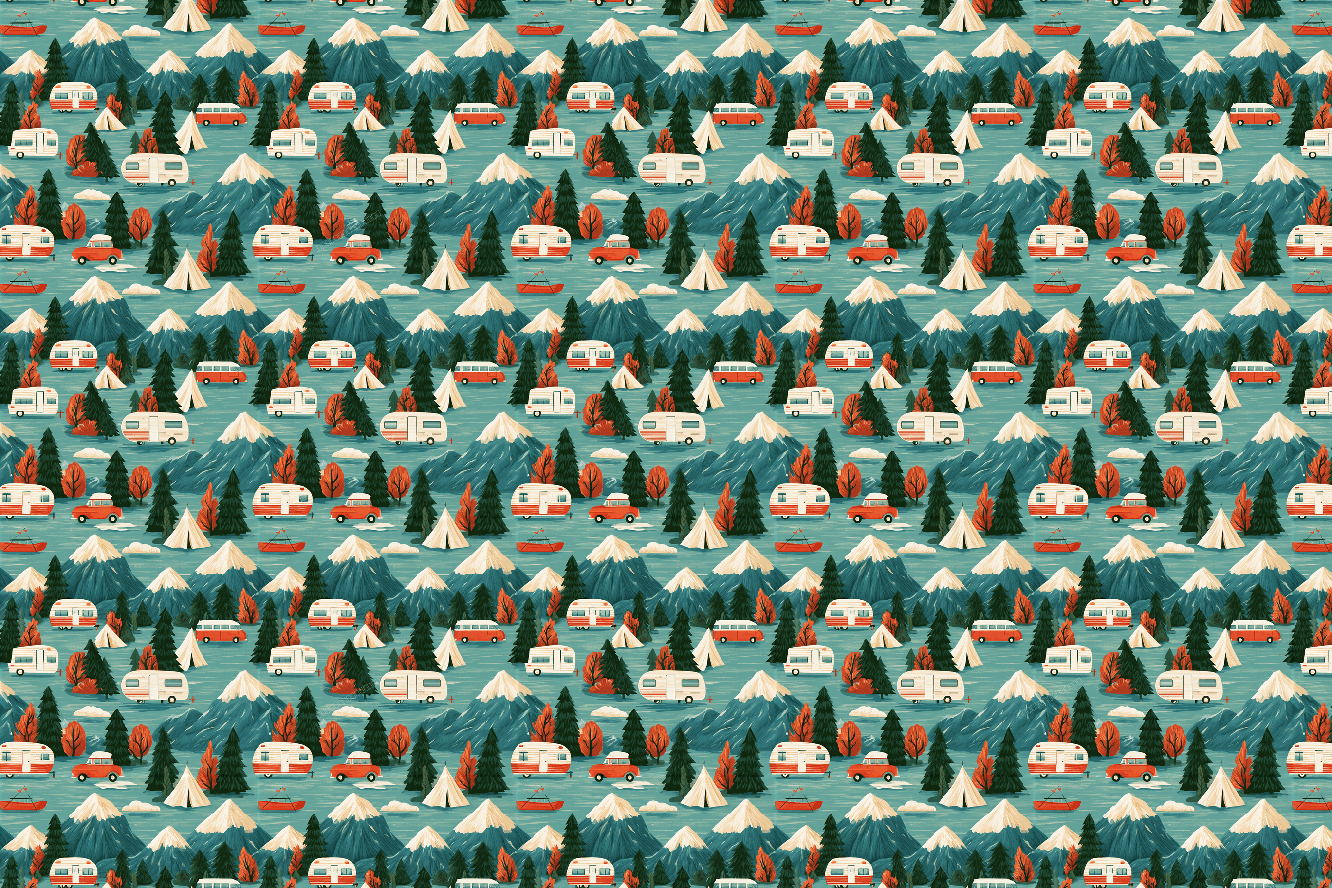 Retro camping pattern featuring vintage trailers, tents, and pine trees in a mountain landscape of teal and orange.
