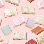 Whimsical seamless book pattern featuring hand-painted open and closed books on a soft pink background.