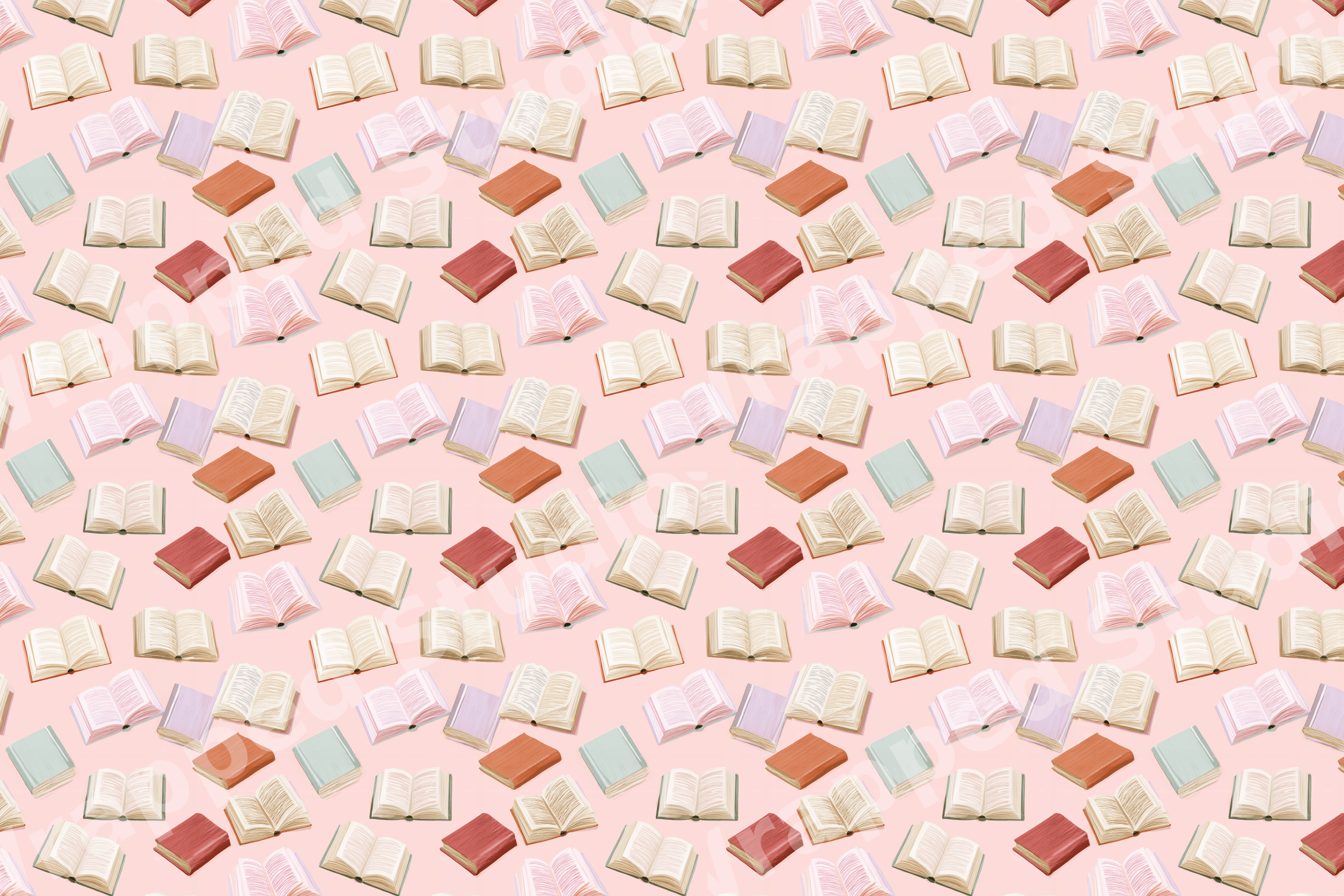 Whimsical book pattern with hand-drawn open and closed books in pastel colors on a soft pink background.