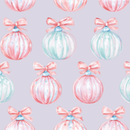 Watercolor Christmas ornament pattern with pastel pink and mint baubles with bows on a lavender background.