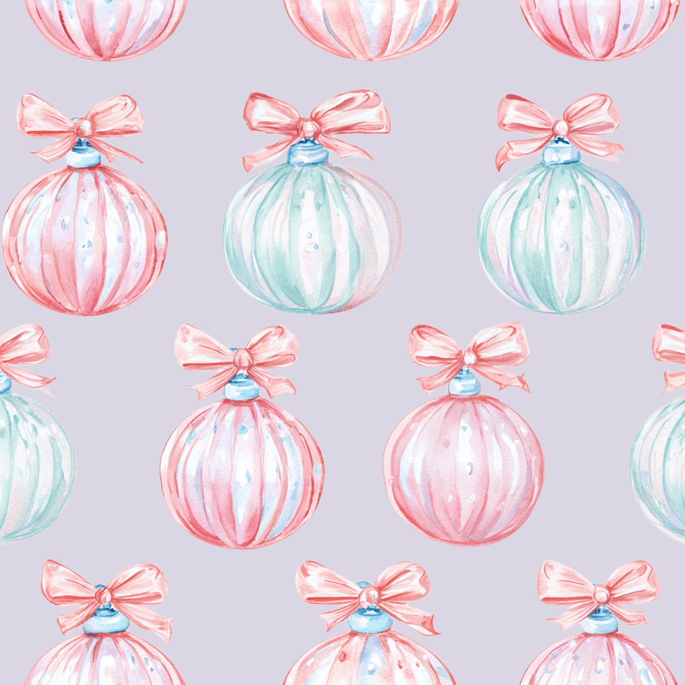 Watercolor Christmas ornament pattern with pastel pink and mint baubles with bows on a lavender background.