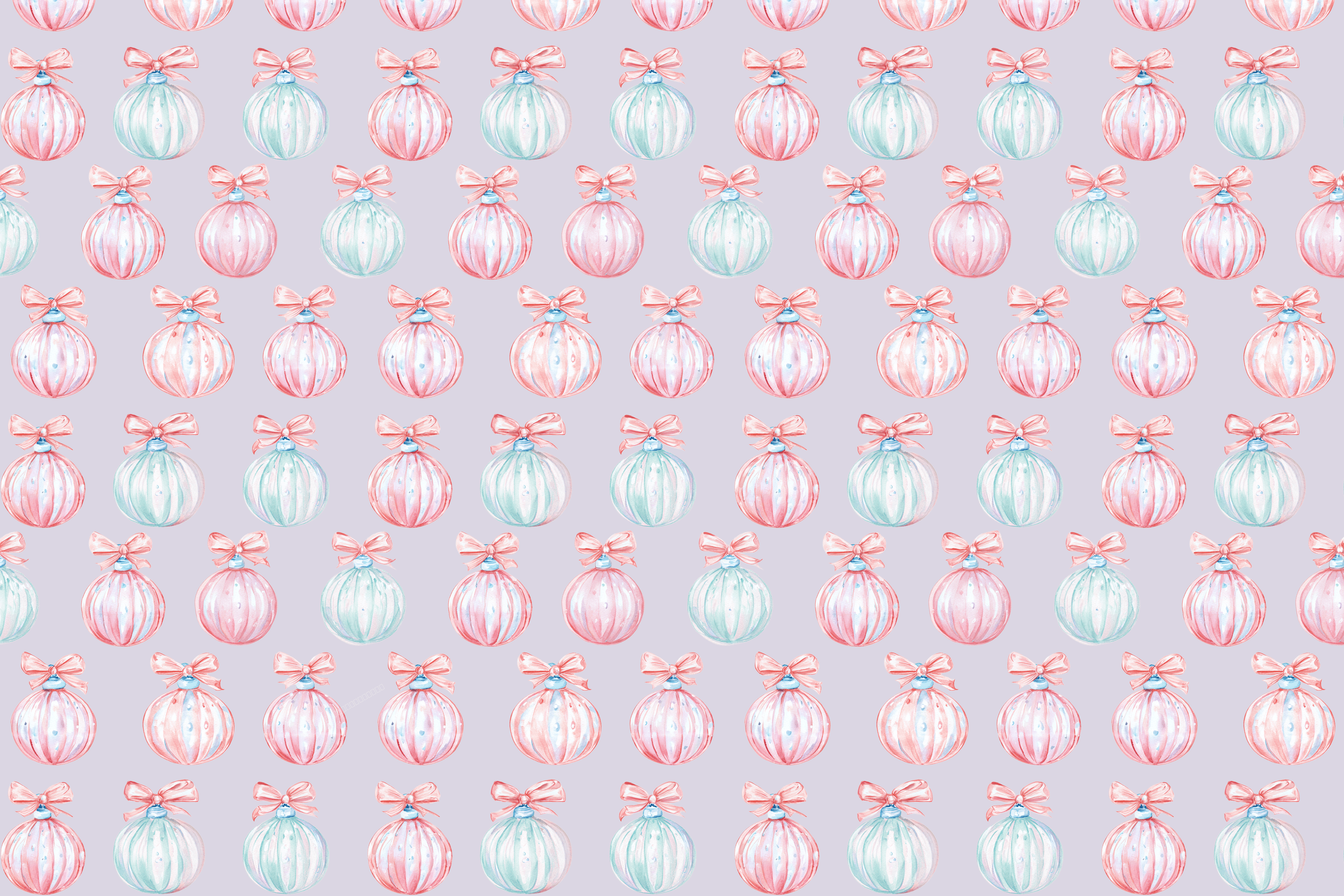Pastel watercolor Christmas ornament pattern featuring pink and teal baubles on a light purple background.