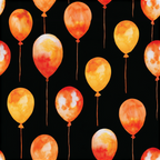 Seamless watercolor pattern with floating orange and yellow balloons on a black background.