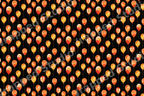 Vibrant watercolor balloon pattern featuring orange and yellow balloons on a solid black background.