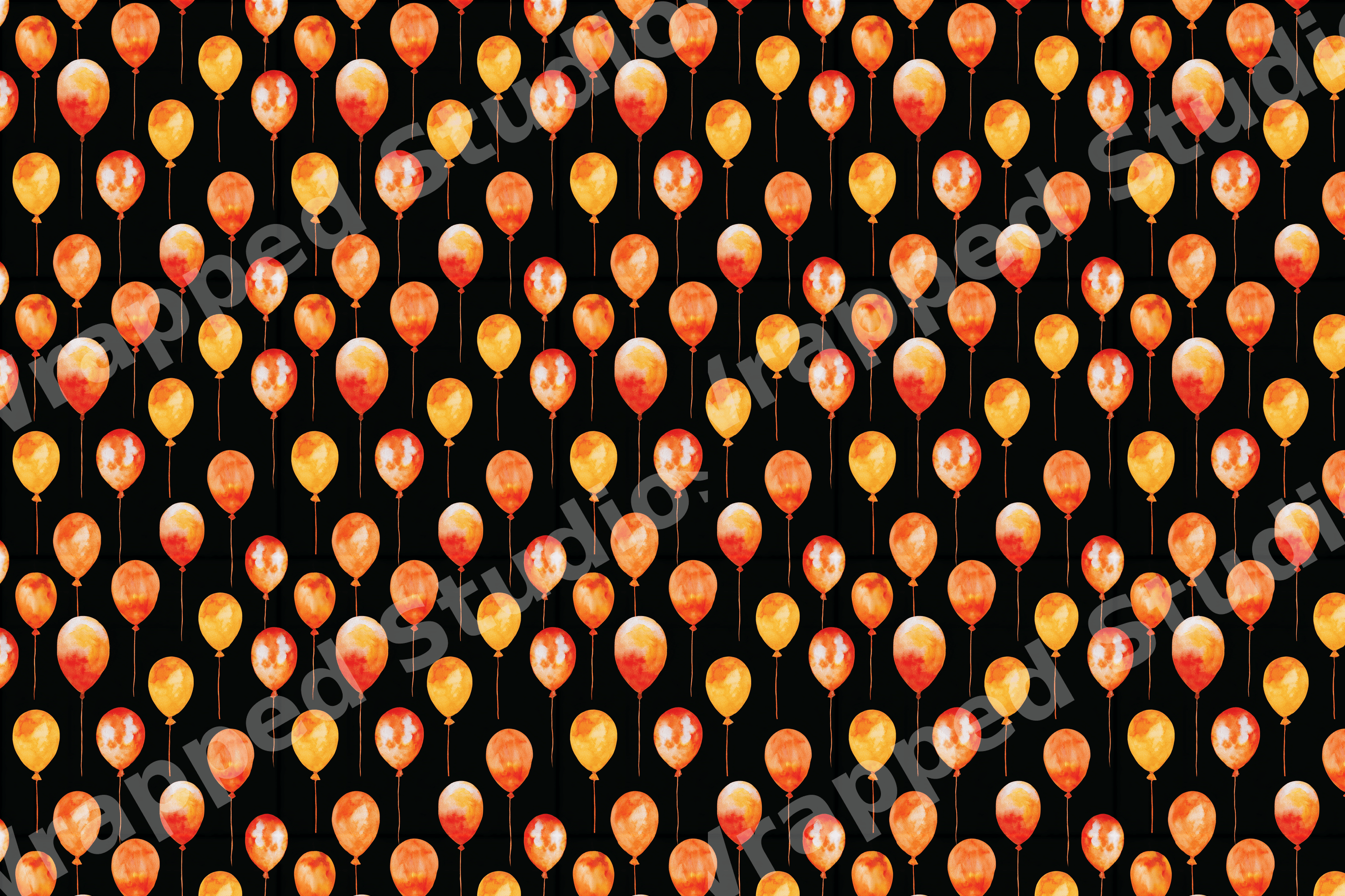 Vibrant watercolor balloon pattern featuring orange and yellow balloons on a solid black background.