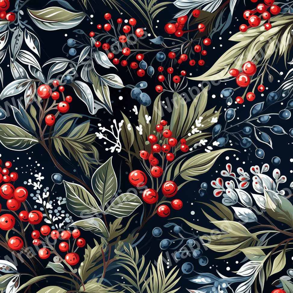 Elegant botanical pattern with red and navy berries, and muted green leaves on a dark ground.
