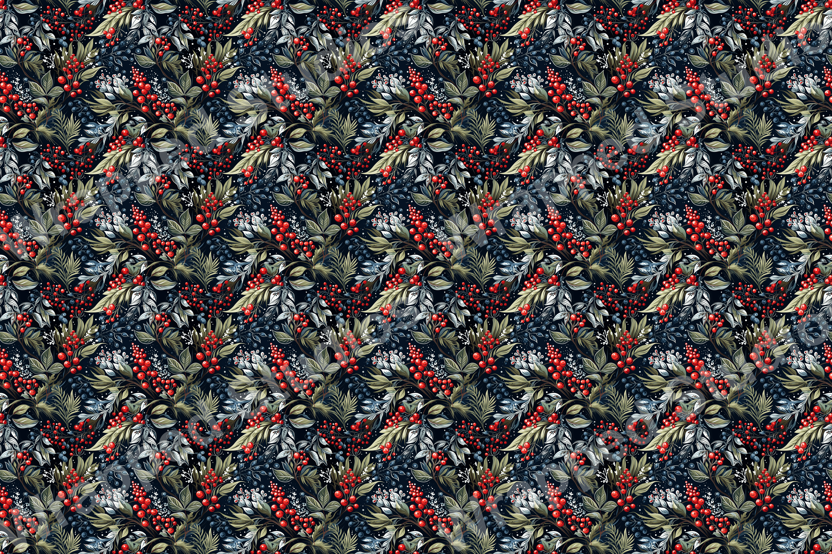 Seamless festive floral pattern with red berries, foliage and navy accents.
