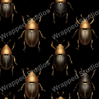 Seamless pattern of gold scarab beetles on a black background.