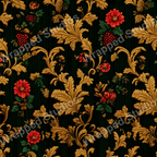 Elegant floral pattern with gold acanthus leaves, berries, and red blossoms on a dark green striped background.