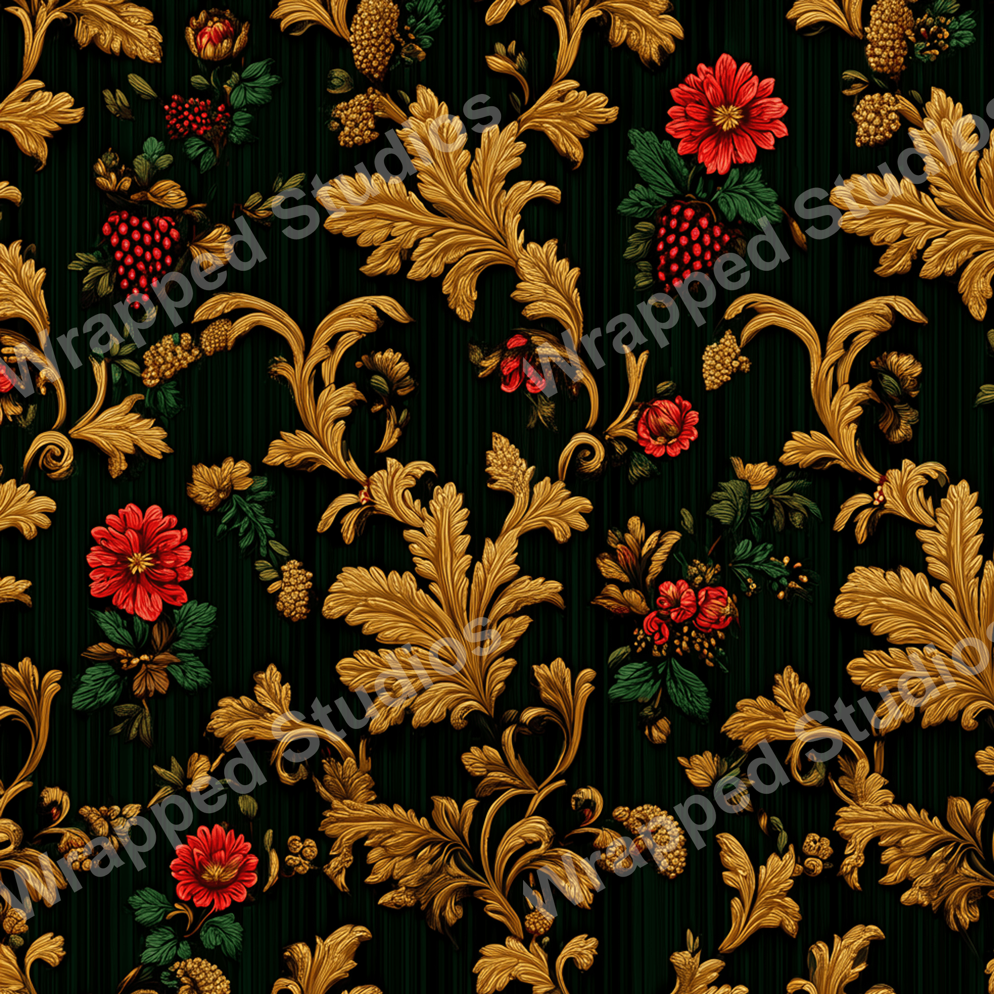 Elegant floral pattern with gold acanthus leaves, berries, and red blossoms on a dark green striped background.