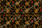 Elaborate gold leaf and red floral vintage botanical design.