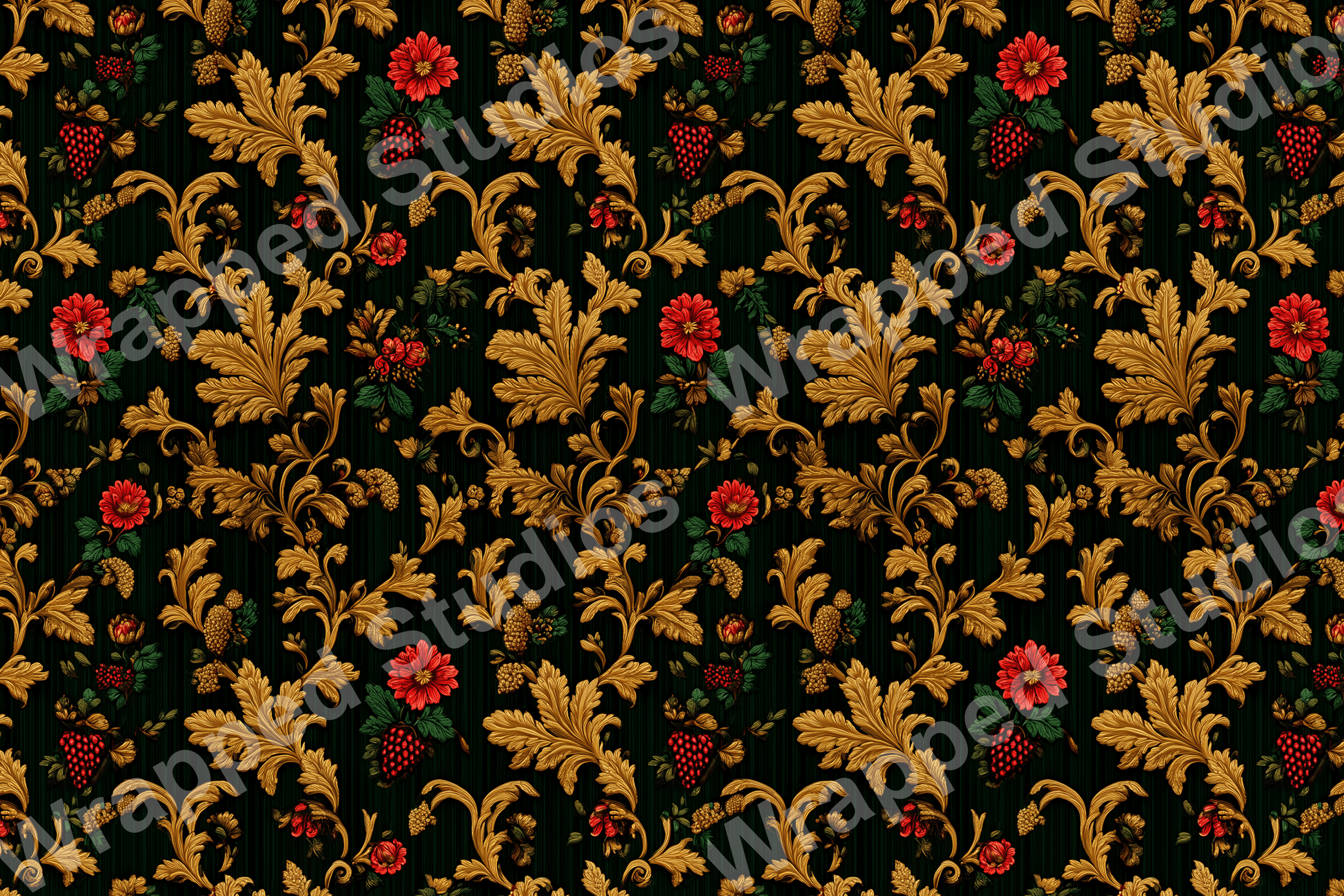 Elaborate gold leaf and red floral vintage botanical design.