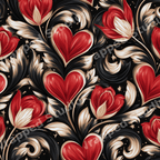 Romantic gothic floral pattern with red hearts, tulips, and gold baroque scrolls on black.