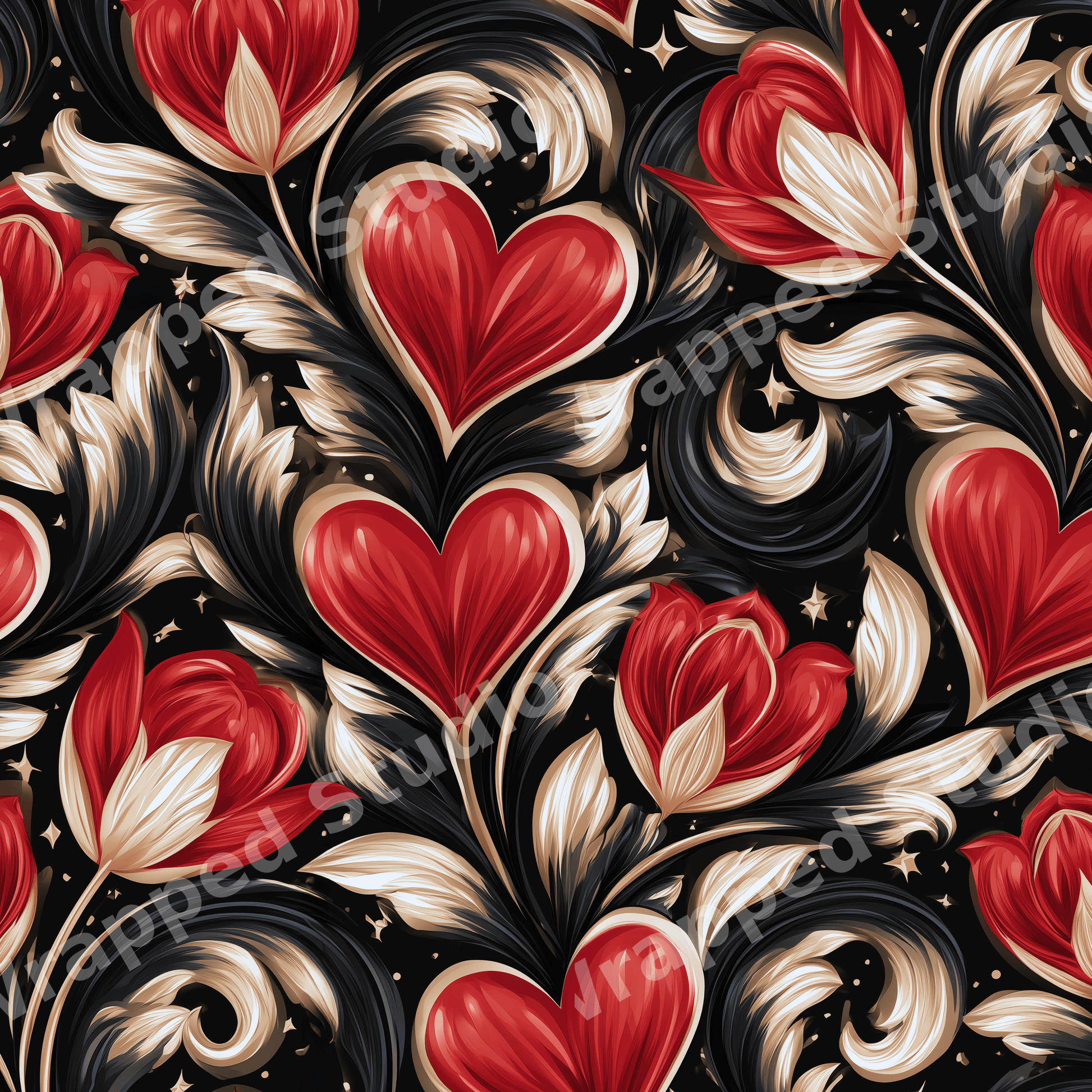 Romantic gothic floral pattern with red hearts, tulips, and gold baroque scrolls on black.