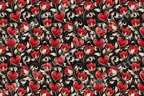 Romantic vintage floral pattern featuring red hearts and ornate gold scrollwork on a black background.