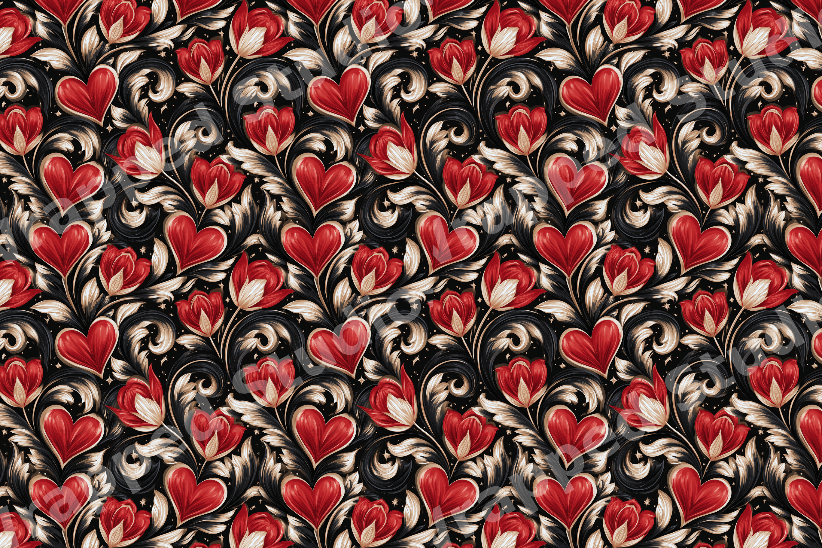 Romantic vintage floral pattern featuring red hearts and ornate gold scrollwork on a black background.