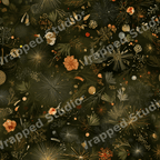 Moody dark green floral pattern with gold starbursts, pine branches, and vintage botanicals.