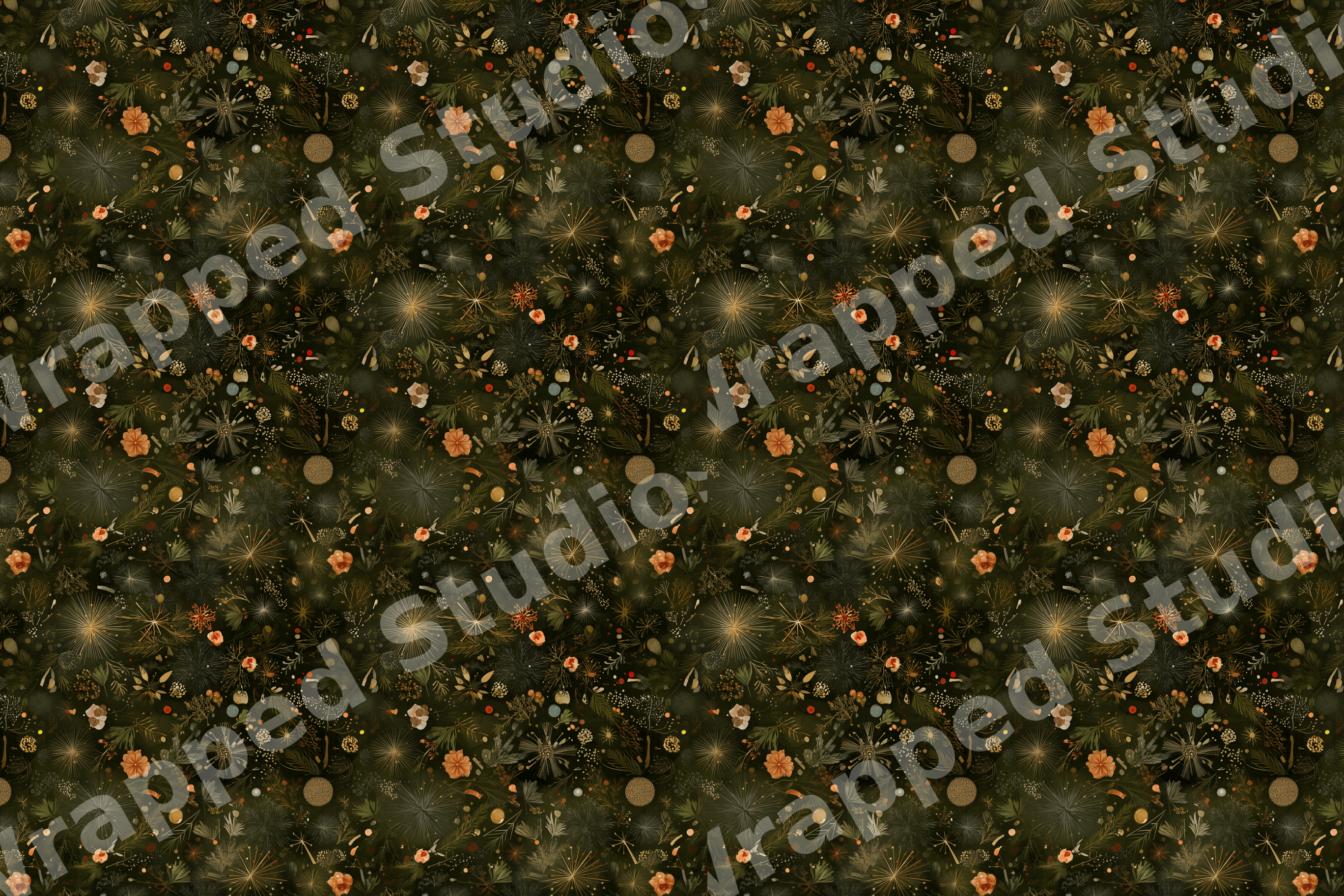 Moody vintage botanical pattern with gold starbursts and pine needles on dark forest green.