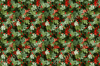 Classic botanical pattern with green maple leaves and red berries.