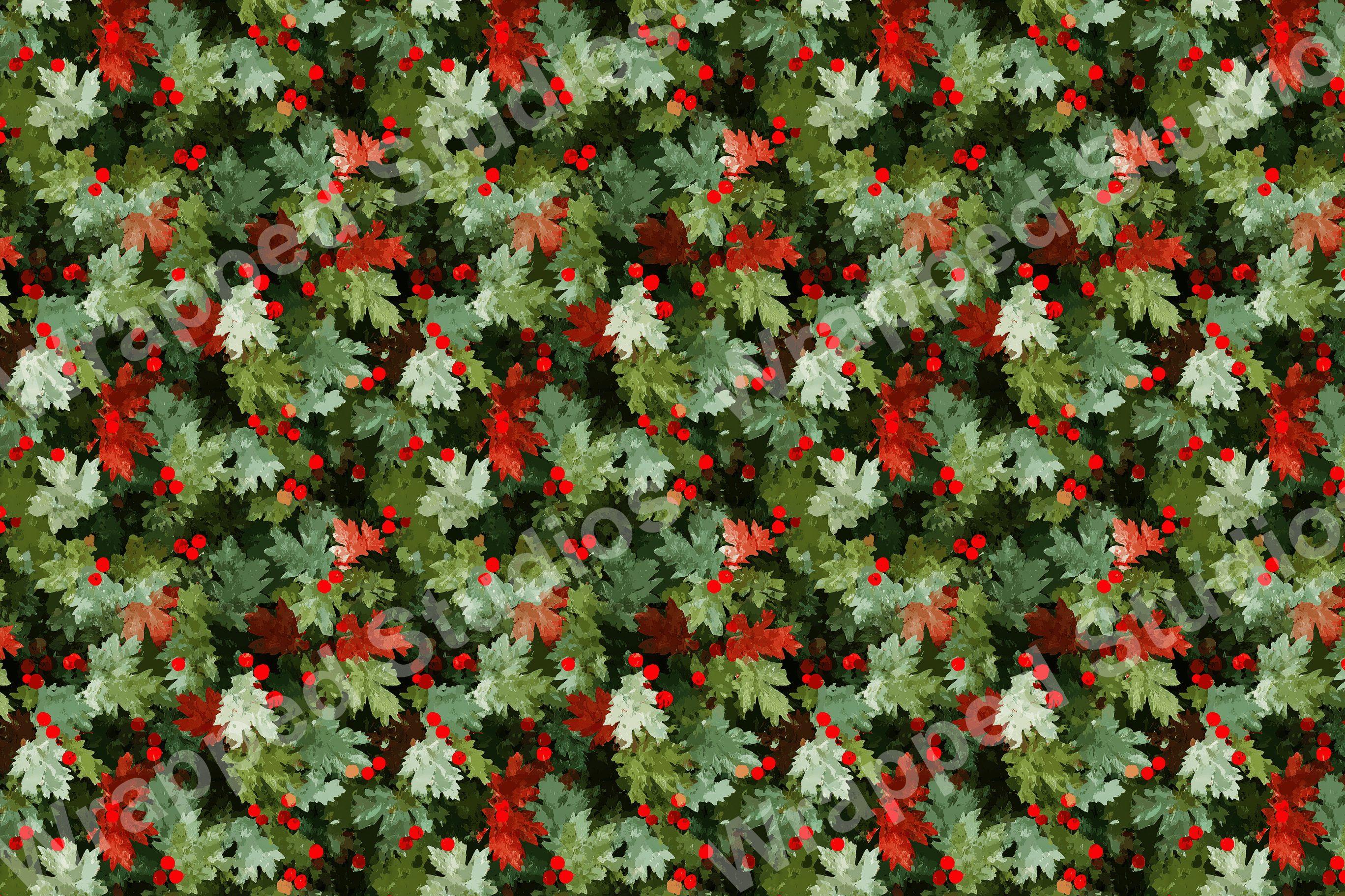 Classic botanical pattern with green maple leaves and red berries.