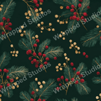 Seamless botanical pattern with pine sprigs and red berries on a dark green background.