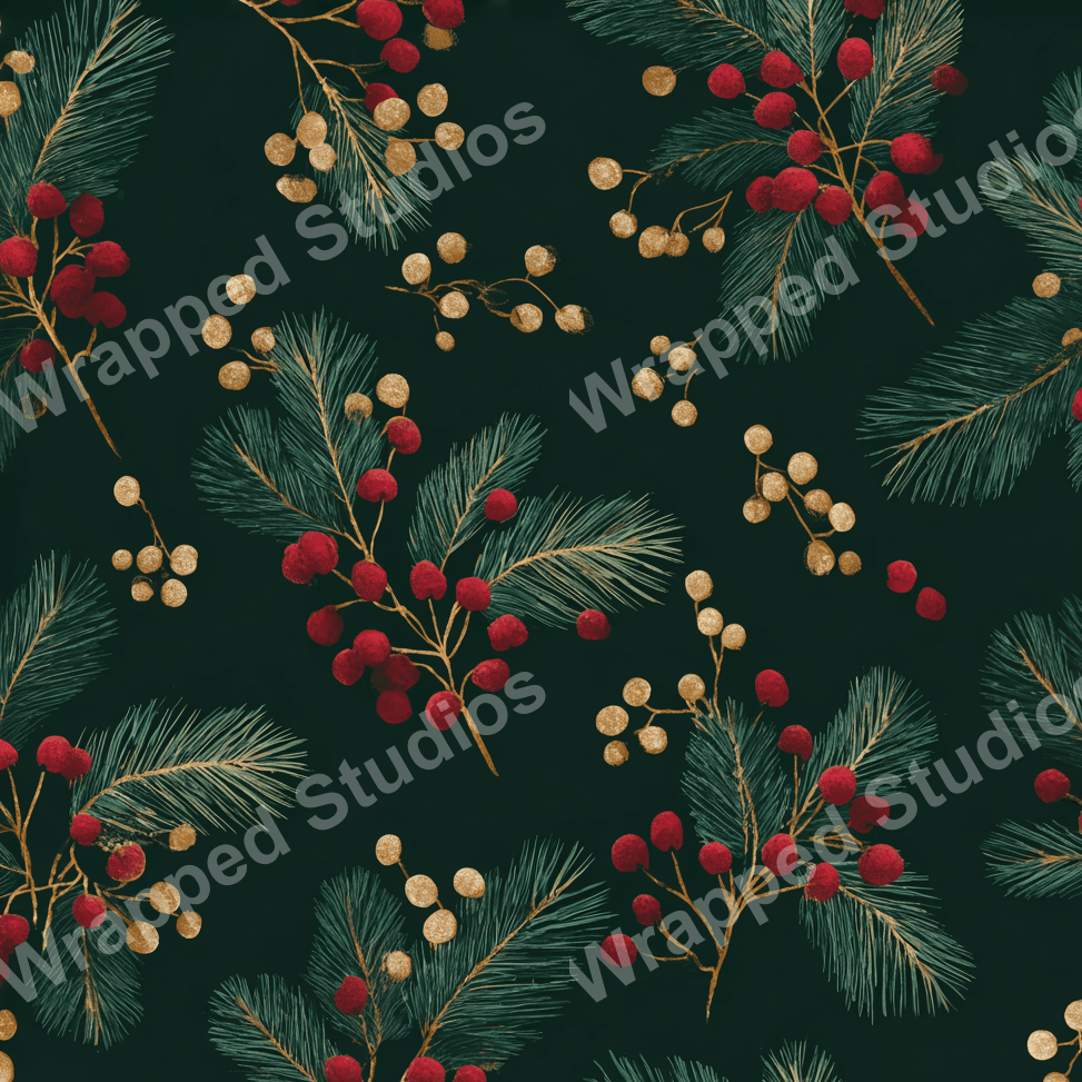 Seamless botanical pattern with pine sprigs and red berries on a dark green background.