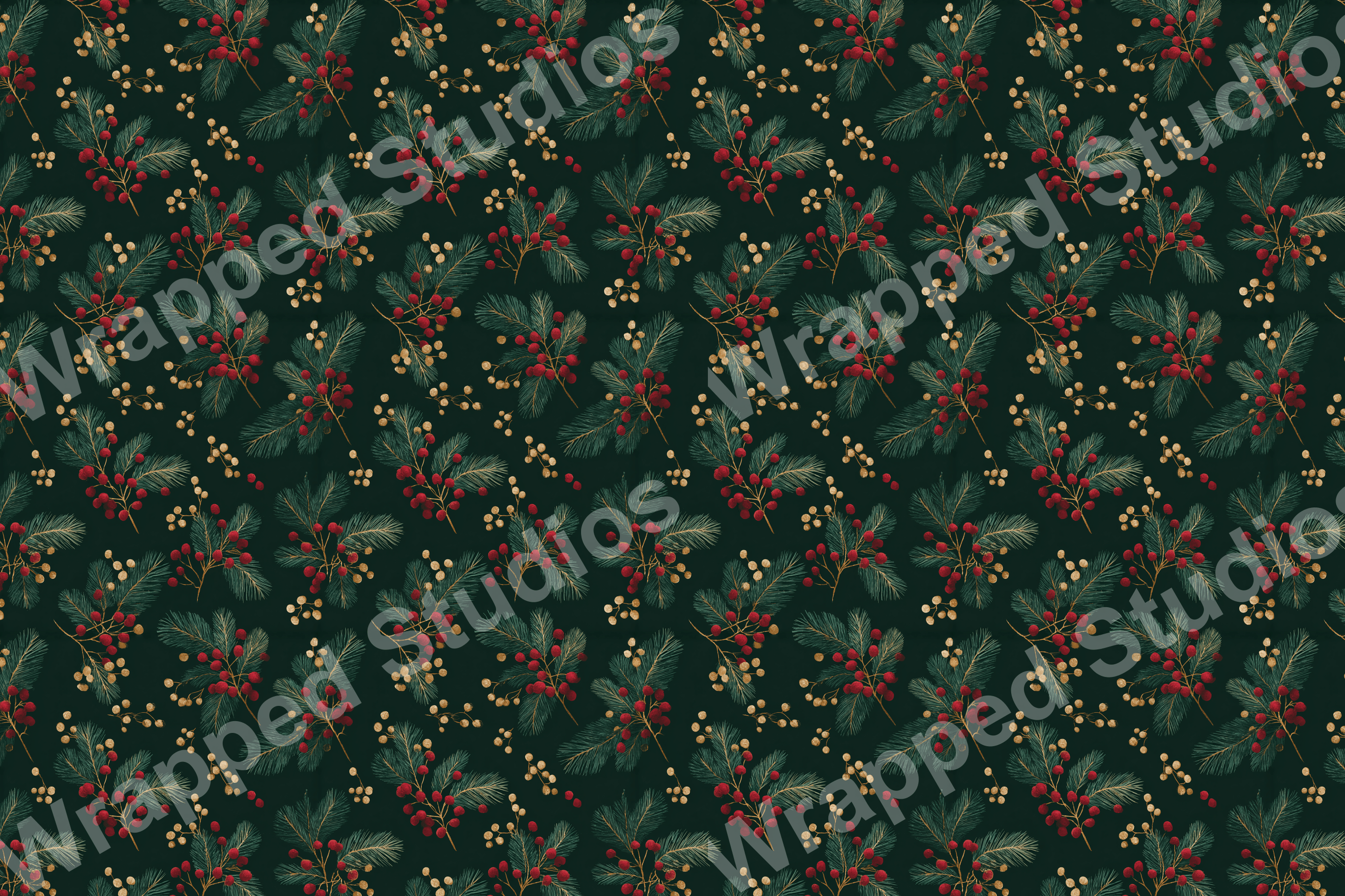 Classic botanical pattern of red berries and evergreen sprigs on a dark green backdrop.