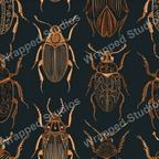 Elegant beetle pattern in gold line art on a dark background.