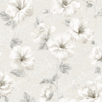 Elegant white floral pattern with vintage botanical blossoms and soft grey leaves on a cream damask background.