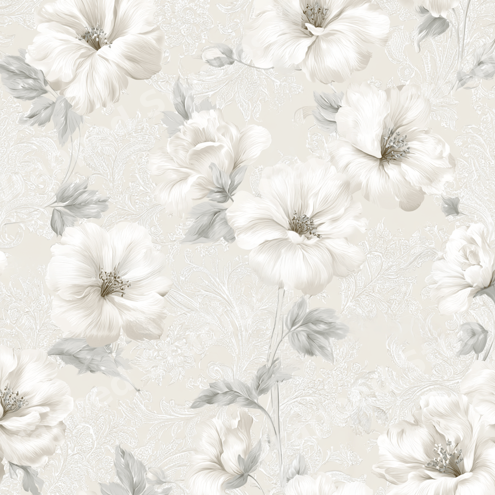 Elegant white floral pattern with vintage botanical blossoms and soft grey leaves on a cream damask background.