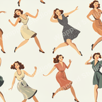 Retro pattern with illustrations of women in 1950s dresses, in tan, grey, green and peach tones.