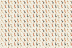 Retro pattern featuring dancing women in dresses of coral, gray, olive, and tan on a cream background.