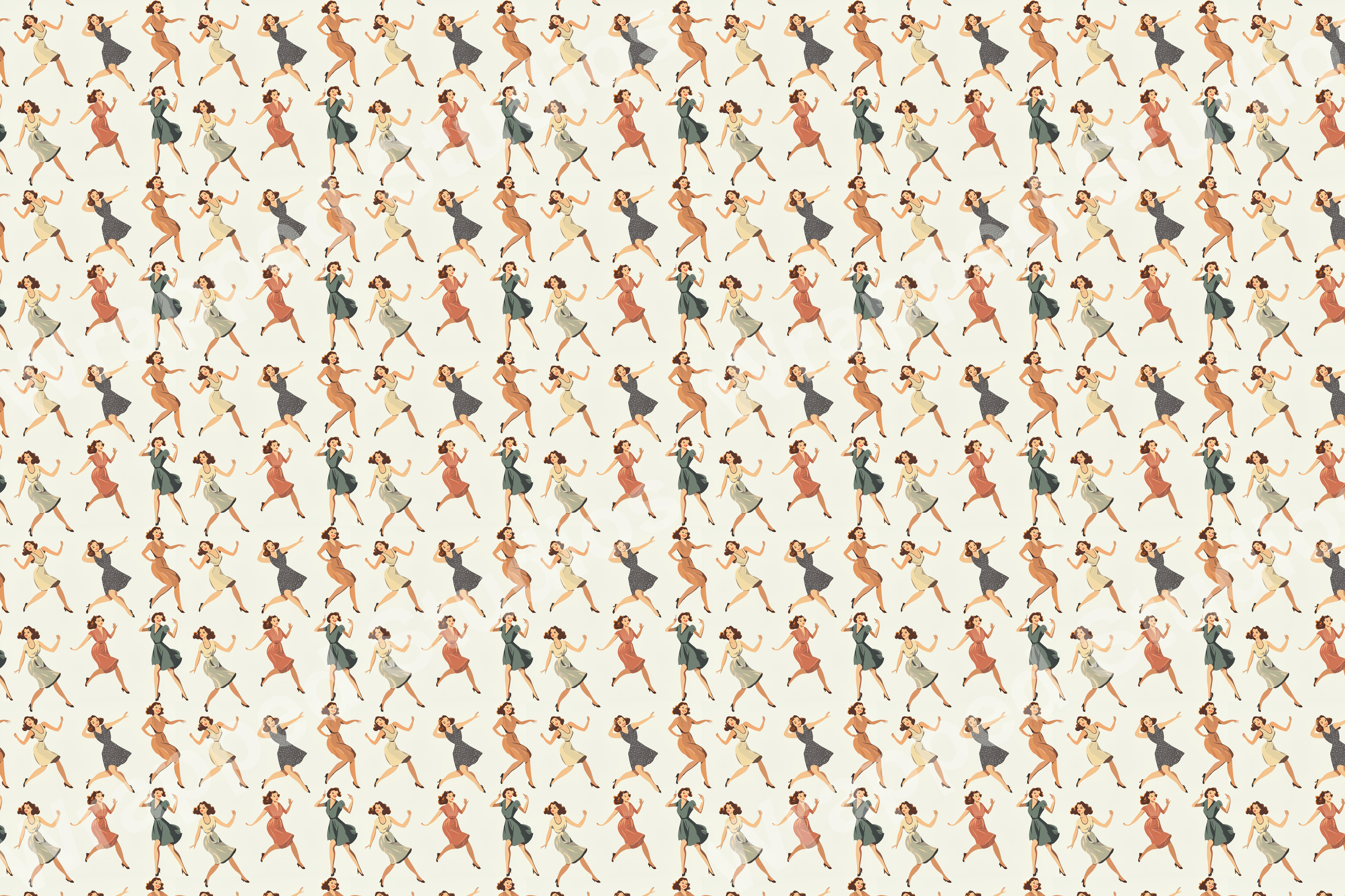 Retro pattern featuring dancing women in dresses of coral, gray, olive, and tan on a cream background.