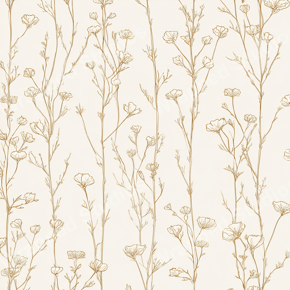 Elegant floral pattern with delicate wildflower line art in a neutral color palette.