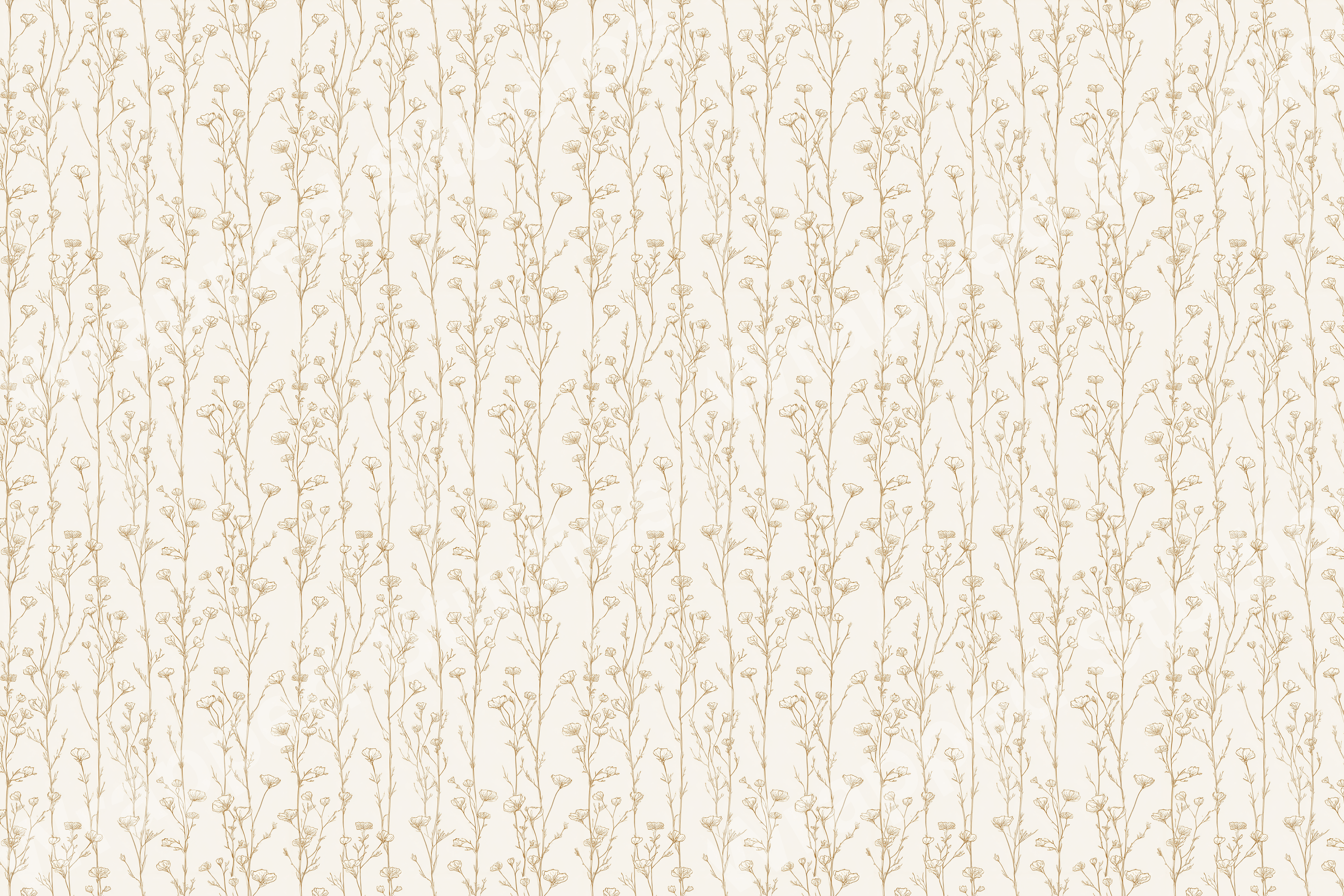 Delicate botanical pattern with small wildflower sprigs in beige and brown.